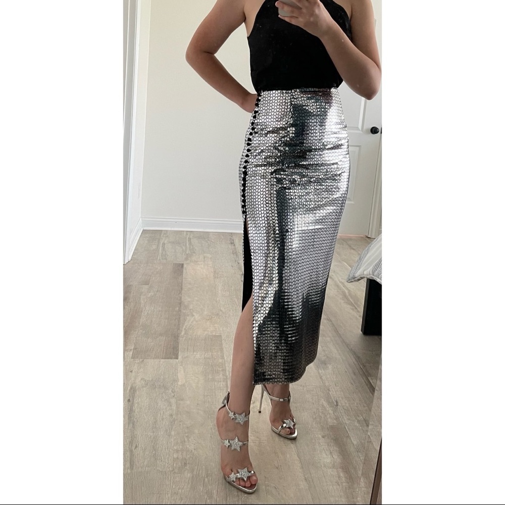 Rotate silver sequin midi skirt